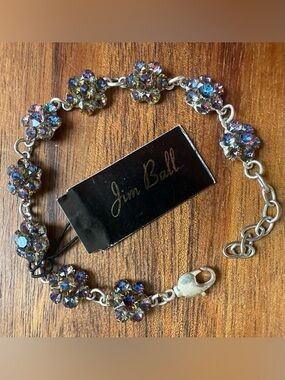 Jim Ball Aurora Borealis AB Flower Bracelet - Iridescent Purple Silver Tone Prom